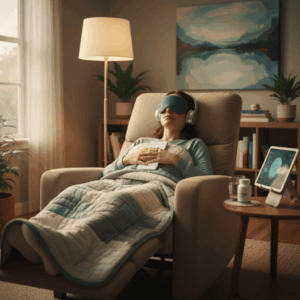Person receiving at-home ketamine therapy in comfortable recliner with eye mask and blanket