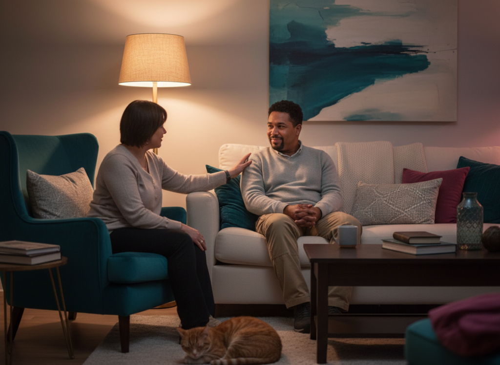 Diverse adult and support person in a warm, softly lit home with teal and magenta accents.