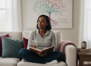 A diverse adult sits calmly at home with a journal and water, teal and magenta accents, and the Virtus Vitality logo in the background, evoking safety and trust.