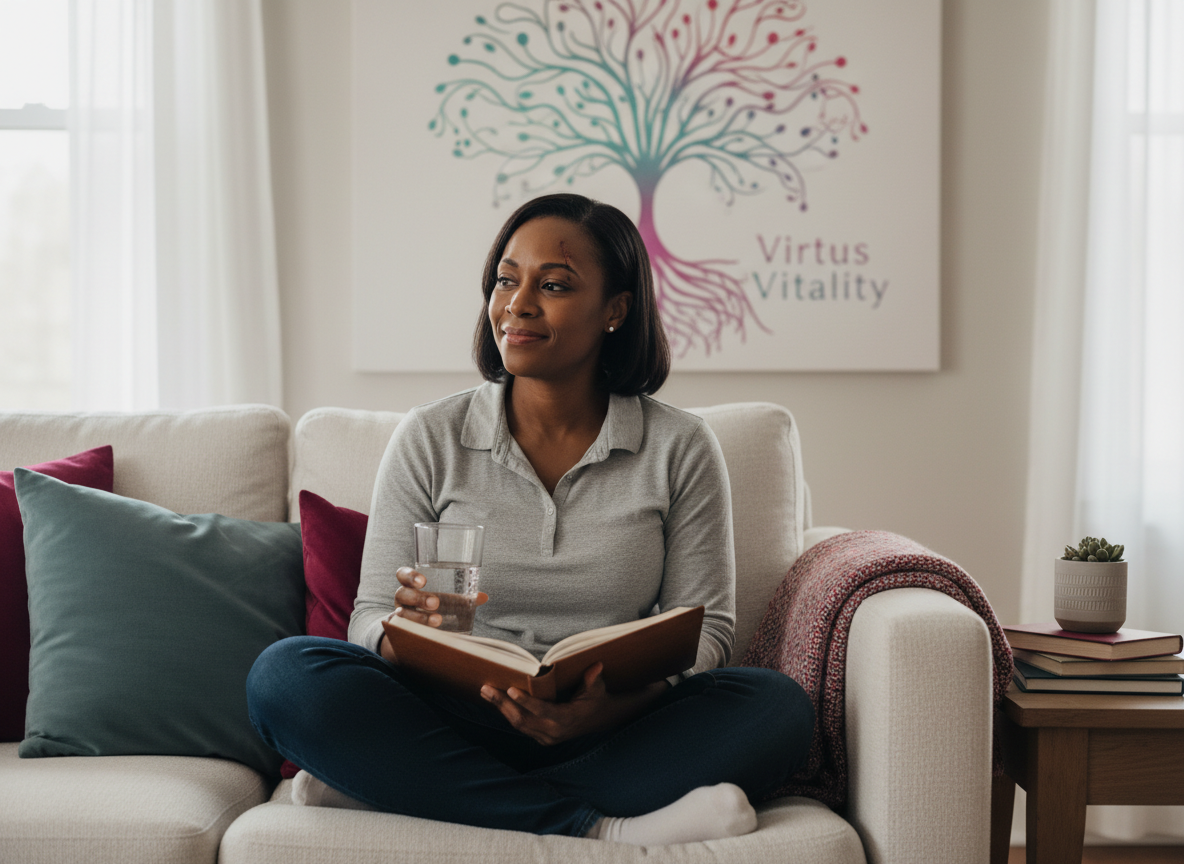 A diverse adult sits calmly at home with a journal and water, teal and magenta accents, and the Virtus Vitality logo in the background, evoking safety and trust.